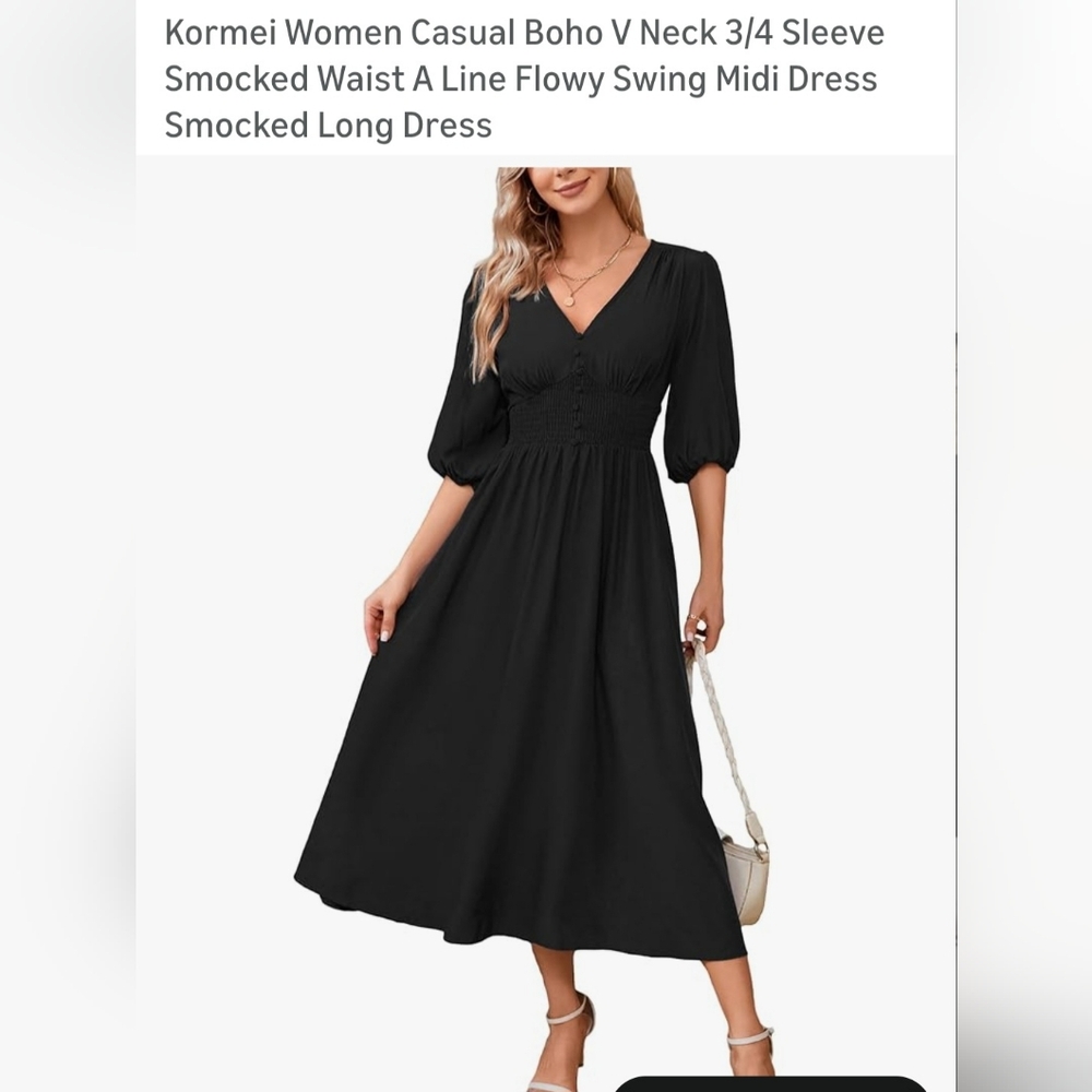 Black V-Neck Smocked Waist Midi Dress. W-75